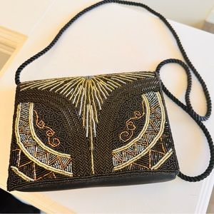 Vintage Evening Bag/Purse  Black Gold‎ Beaded Satin Crossbody or Shoulder Bag